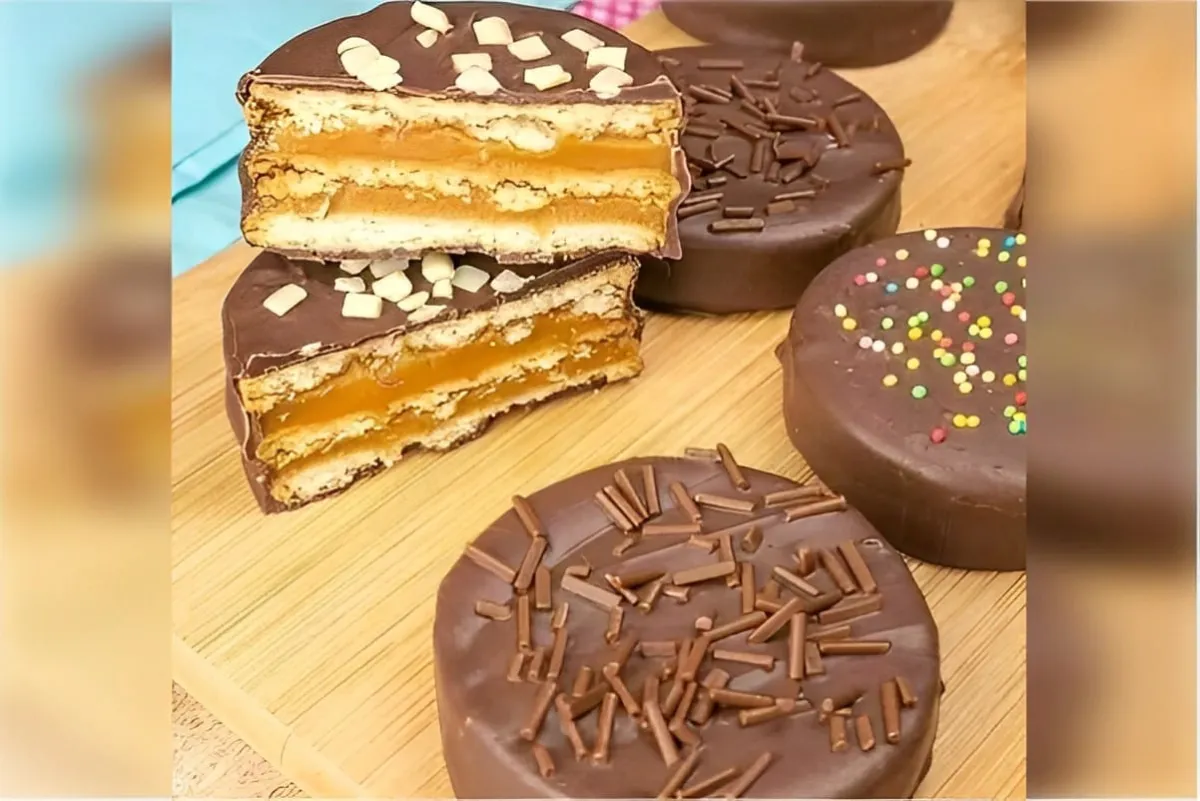 Alfajor caseiro coberto com chocolate delicioso melhor que a