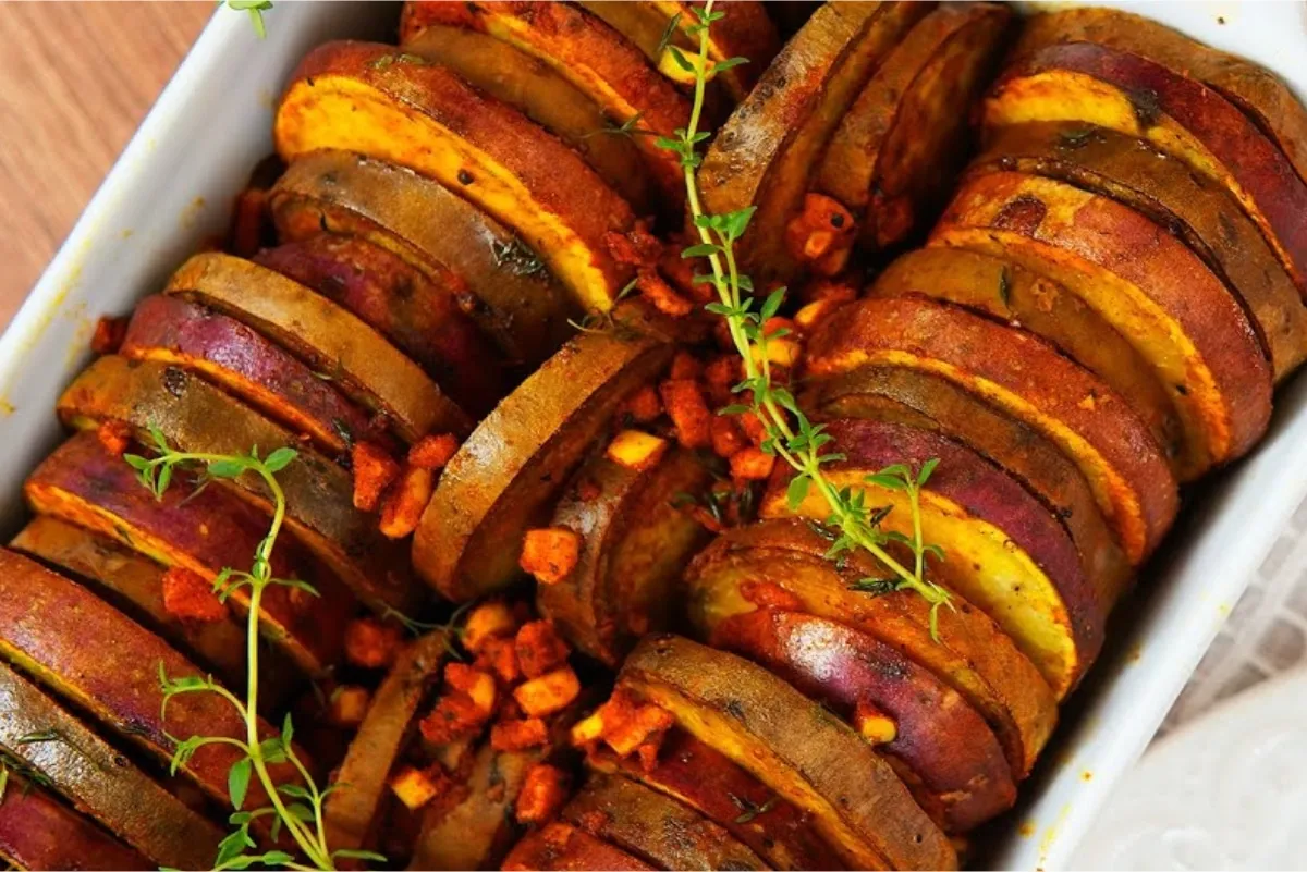 Batata doce assada com cebola caramelizada que vai ser um ar