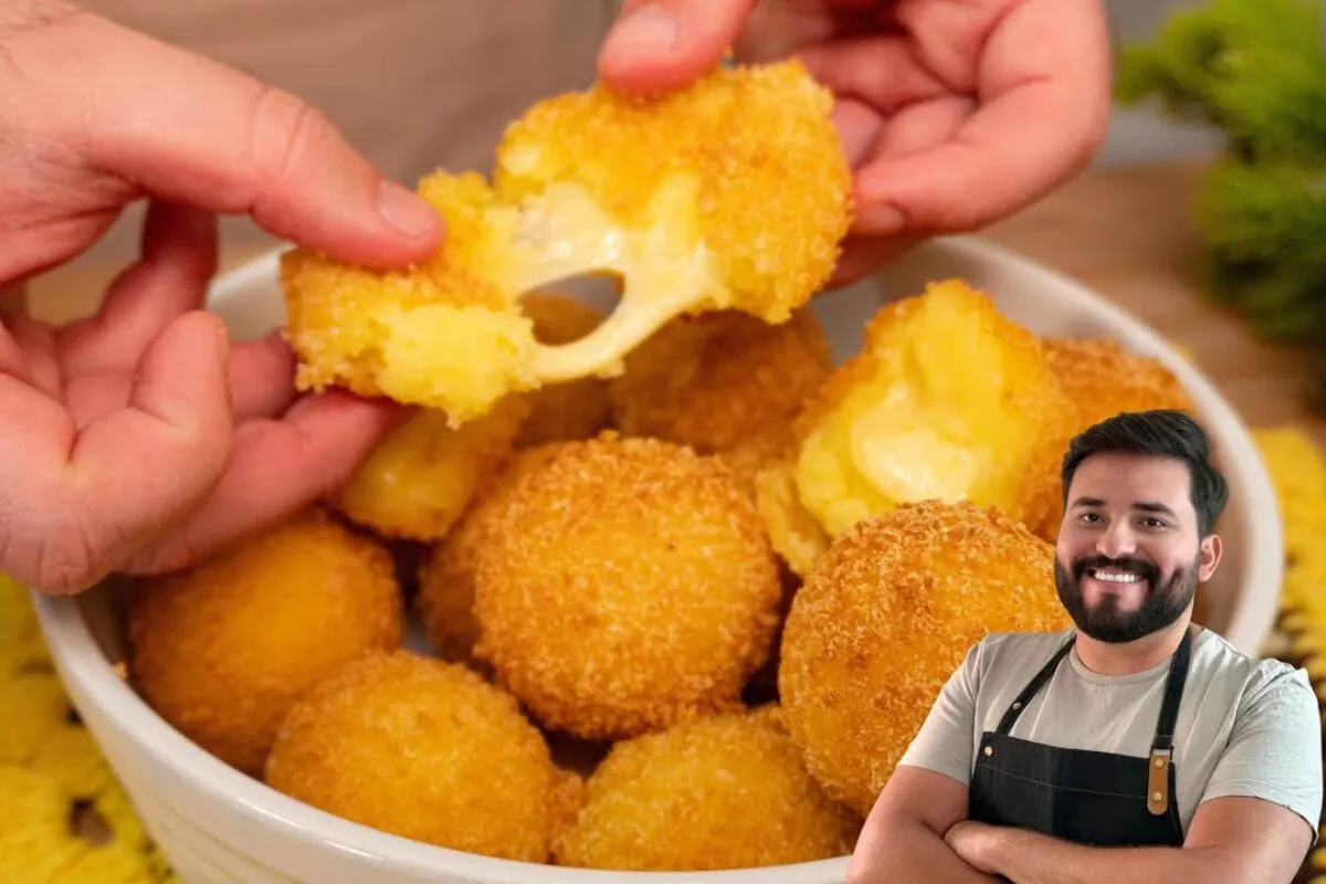 Bolinha de aipim com queijo bem cremosa feita sem farinha de