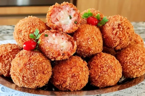 Bolinho de calabresa frito crocante por fora, macio por dent