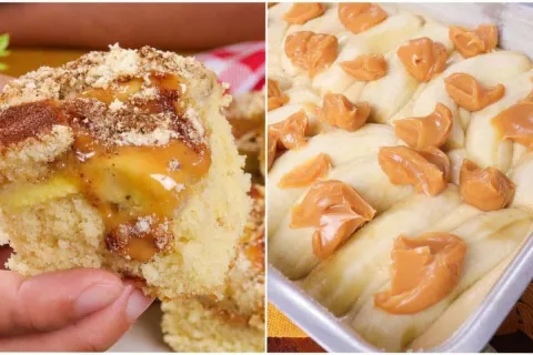 Bolo cuca de banana com doce de leite: cada mais pedaço mais