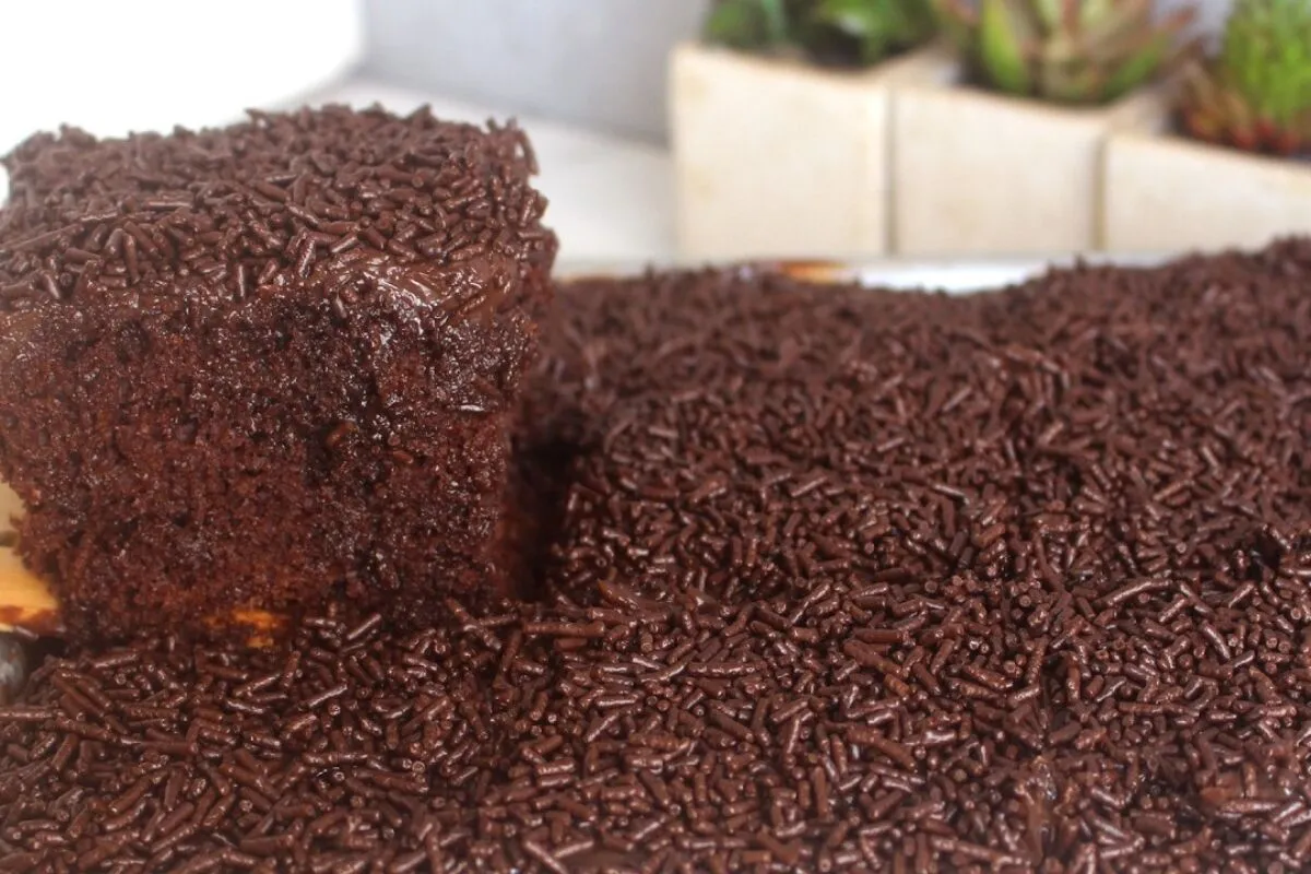 Bolo gelado de chocolate bem molhadinho e divino, coberto co