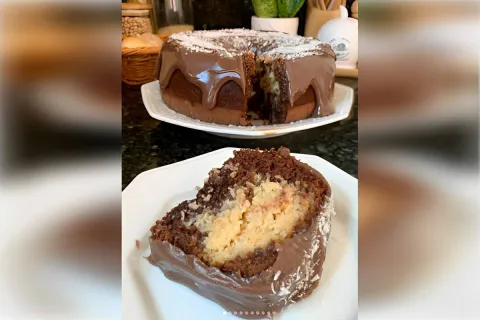 Bolo prestígio que já sai do forno recheado basta preparar a