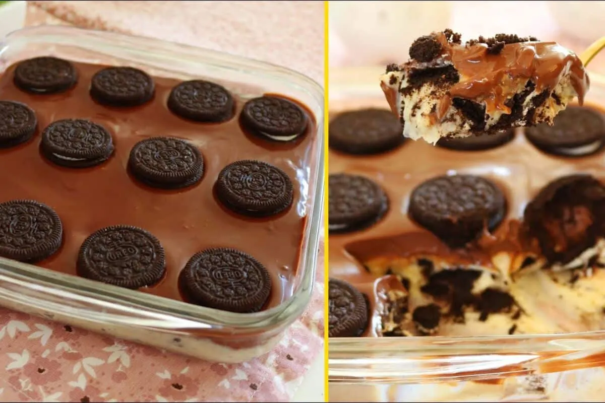 Bombom travessa de Oreo com creme gelado e camadas irresistí