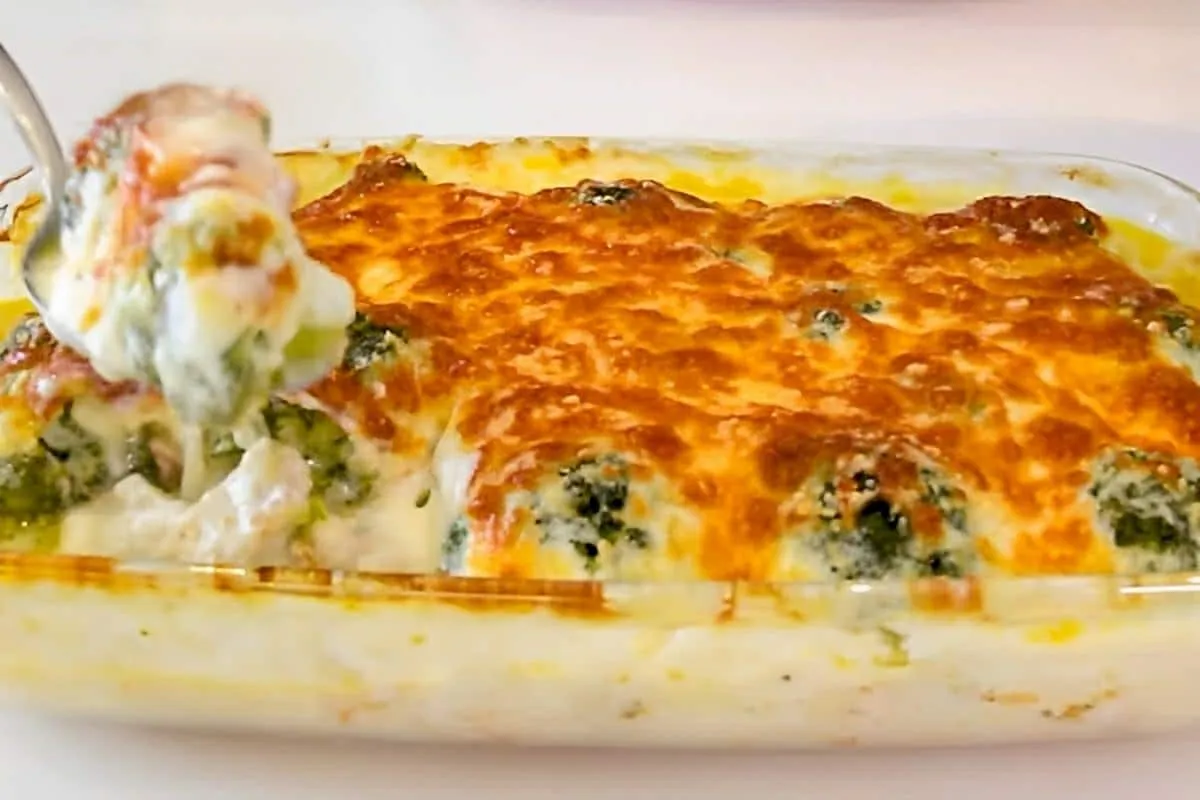 Brócolis gratinado com peito de frango e molho branco cremos