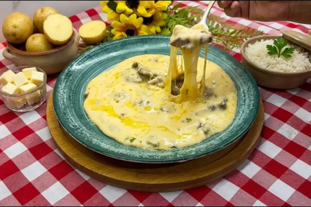 Carne com creme de batata bem suculenta e coberta com queijo