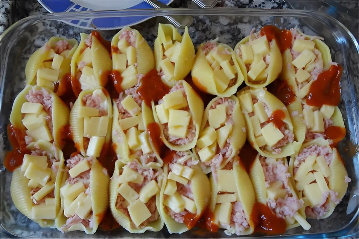 Conchiglione recheado com presunto e queijo é só rechear e l