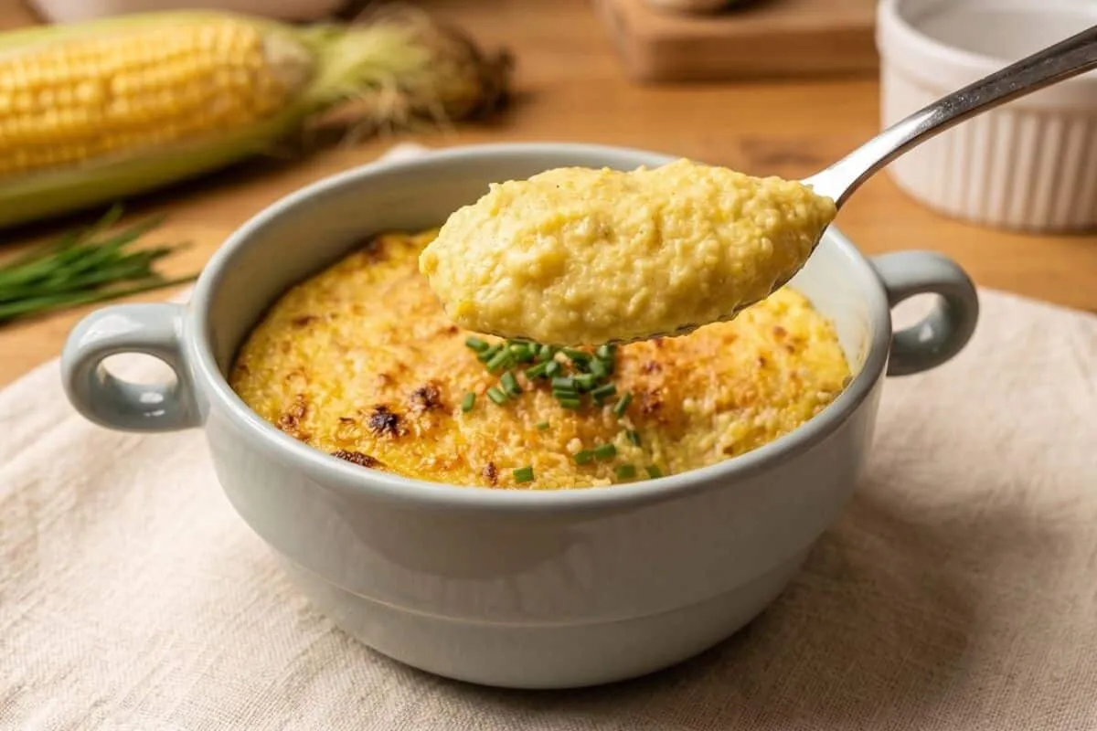Creme de milho gratinado com bastante queijo derretido no fo