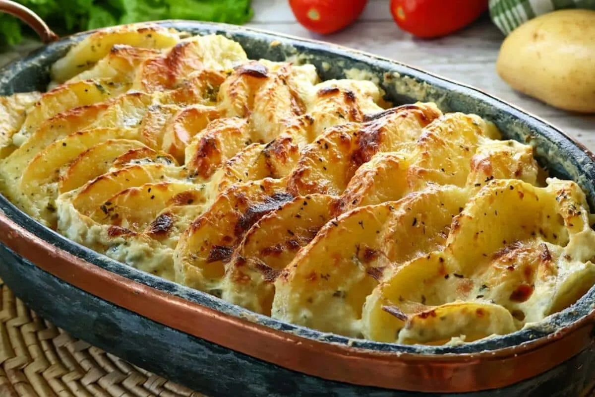 Descobri um jeito de fazer batata gratinada para o almoço de