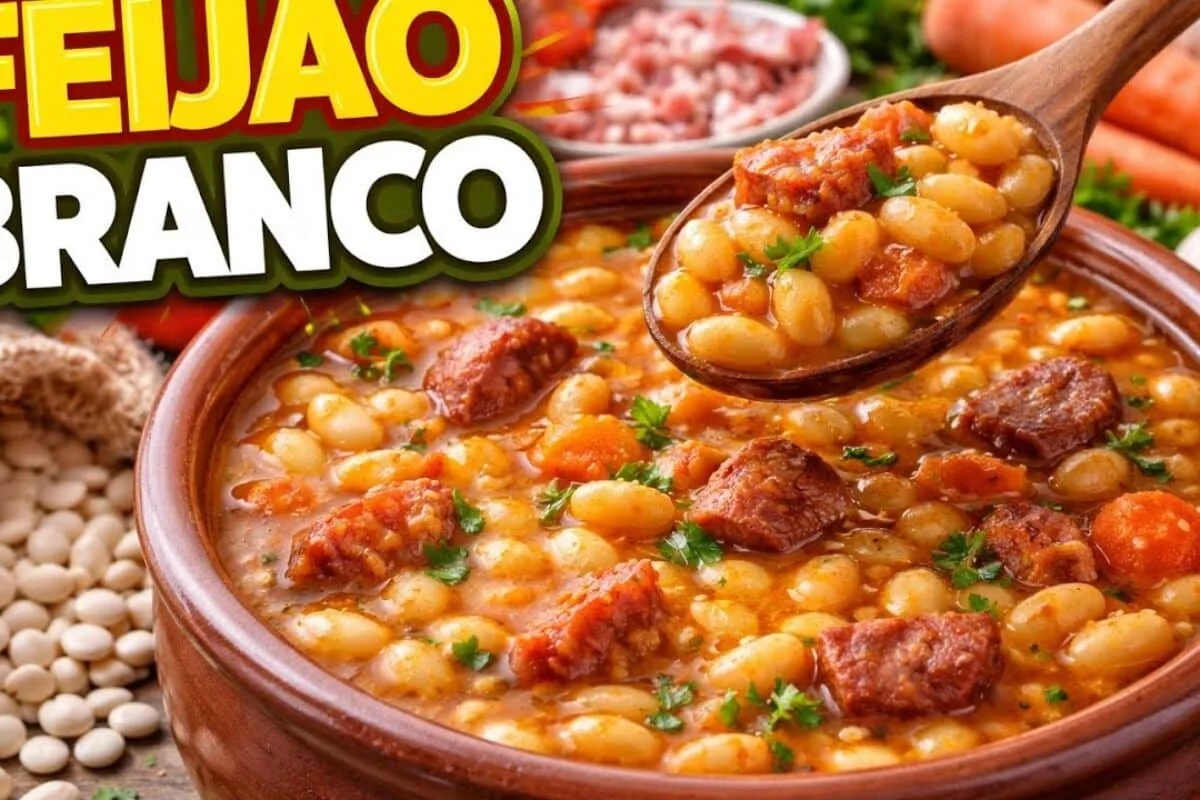 Feijão branco, que fica com o caldo grosso e leva ingredient