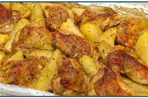 Frango assado com batata bem suculento e dourado, um prato p