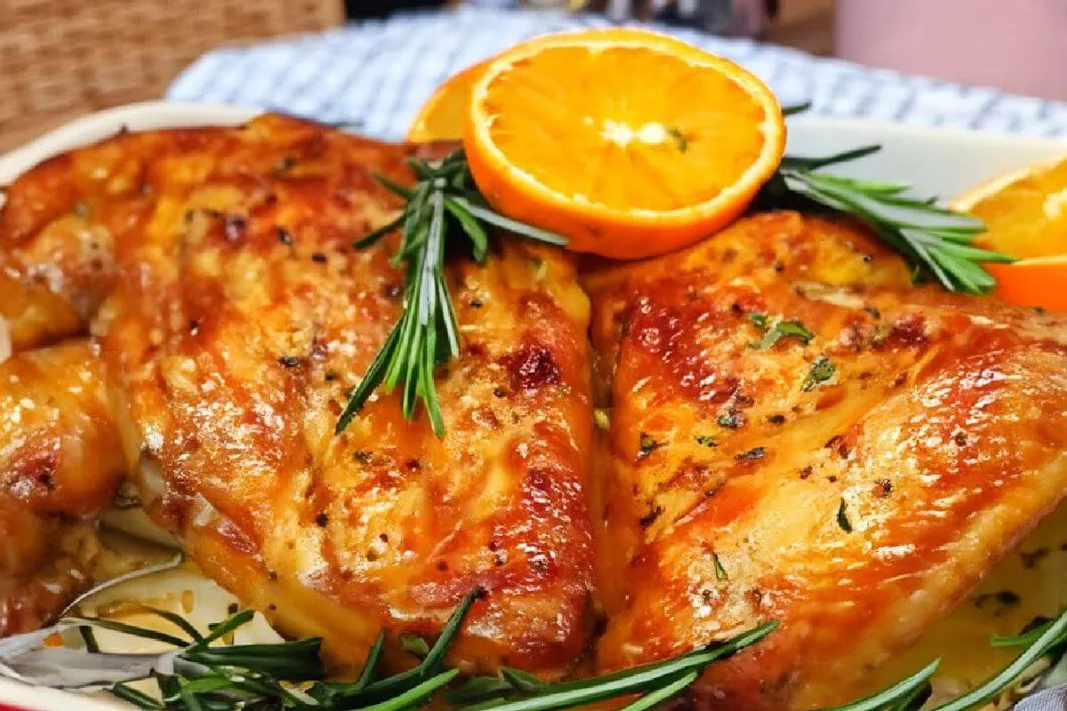 Frango assado com laranja e mel uma receita super especial p