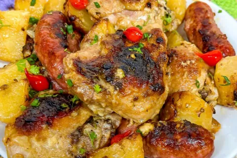 Frango assado douradinho temperado ao forno com batatas para