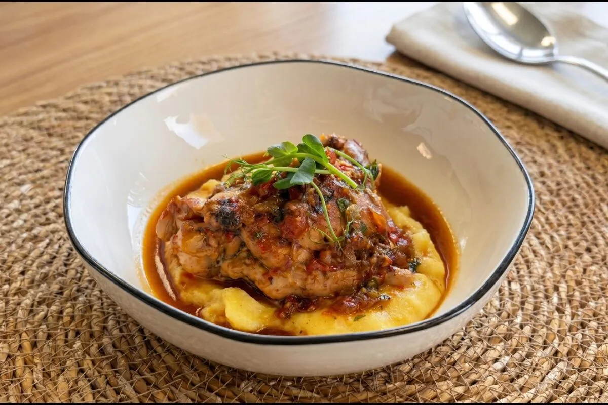 Frango ensopado suculento e perfeito para um almoço bem quen