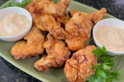 Frango frito com molho rosê, suculento e crocante, uma explo