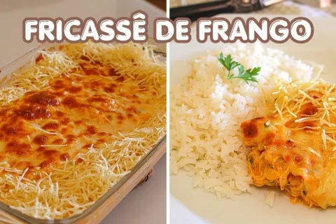 Fricassê de frango gratinado com bastante queijo derretido e