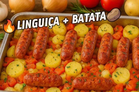 Linguiça assada com legumes simples e saborosa, prato fácil 