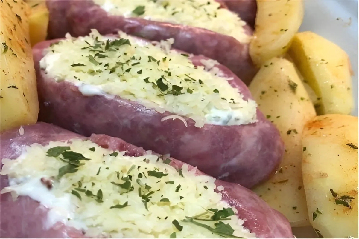 Linguiça toscana recheada com queijo e pasta feita com maion