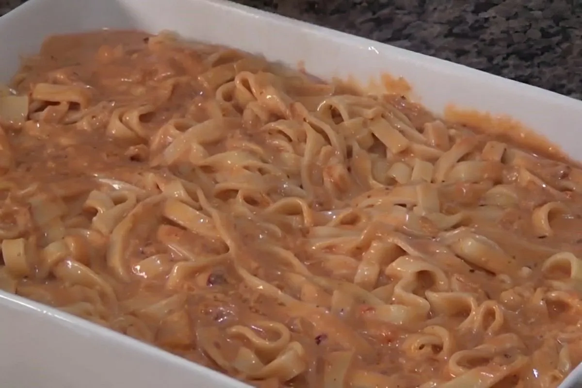 Macarrão com creme de leite e molho de tomate simples e deli