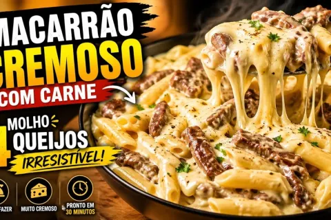 Macarrão com molho 4 queijos incrivelmente cremoso e acompan