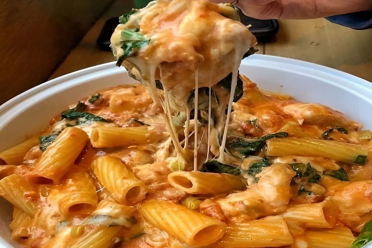 Macarrão com molho napolitano queijo e manjericão sua famíli