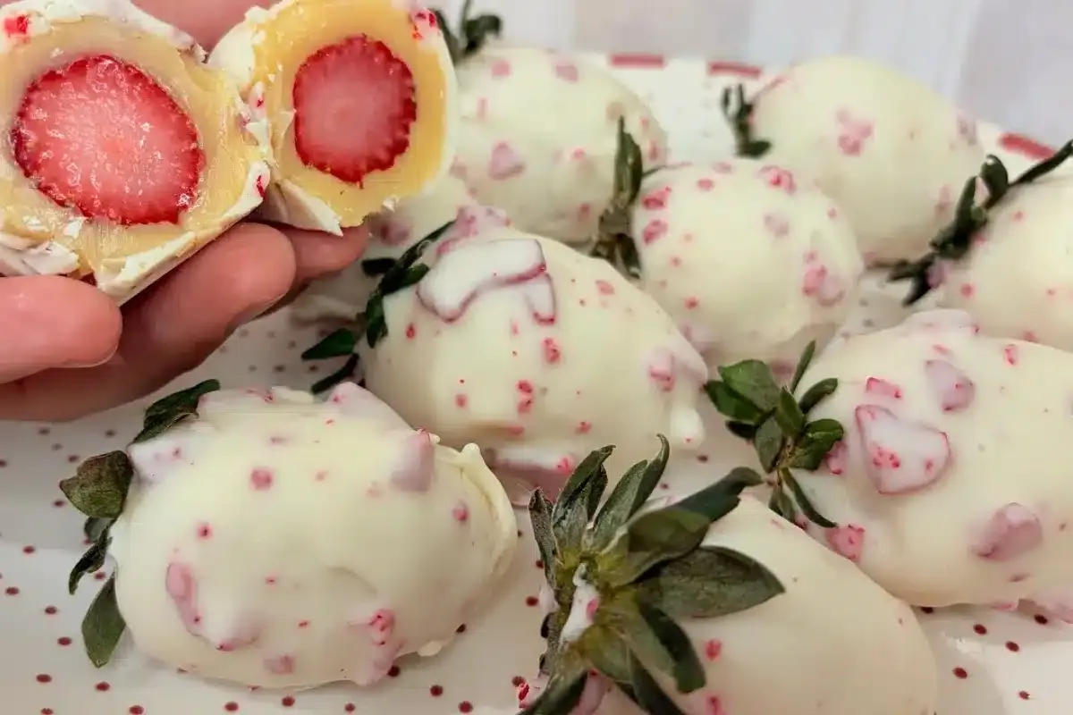 Morango cravejado com casquinha crocante de chocolate, uma d