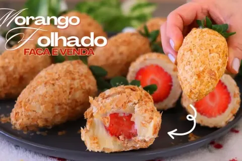 Morango folhado combinando crocância e cremosidade em cada m