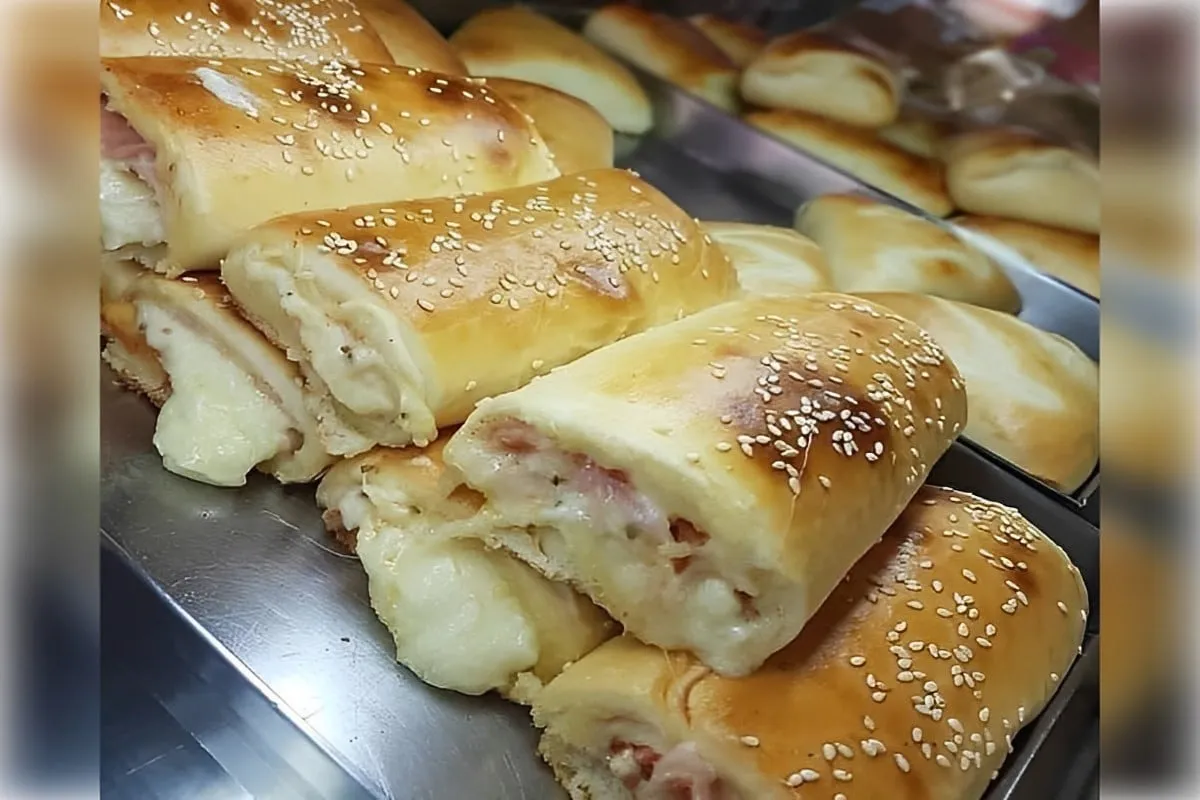 Pão pizza com massa bem fofinha recheado de presunto e queij