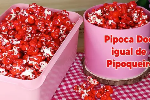 Pipoca doce igual à de pipoqueiro, bem crocante, caramelizad