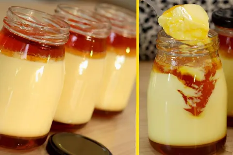 Pudim no pote de vidro feito na panela de pressão cremoso de