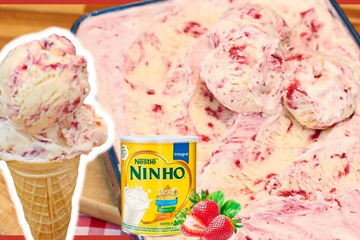 Sorvete de leite ninho com morango super cremoso feito de um