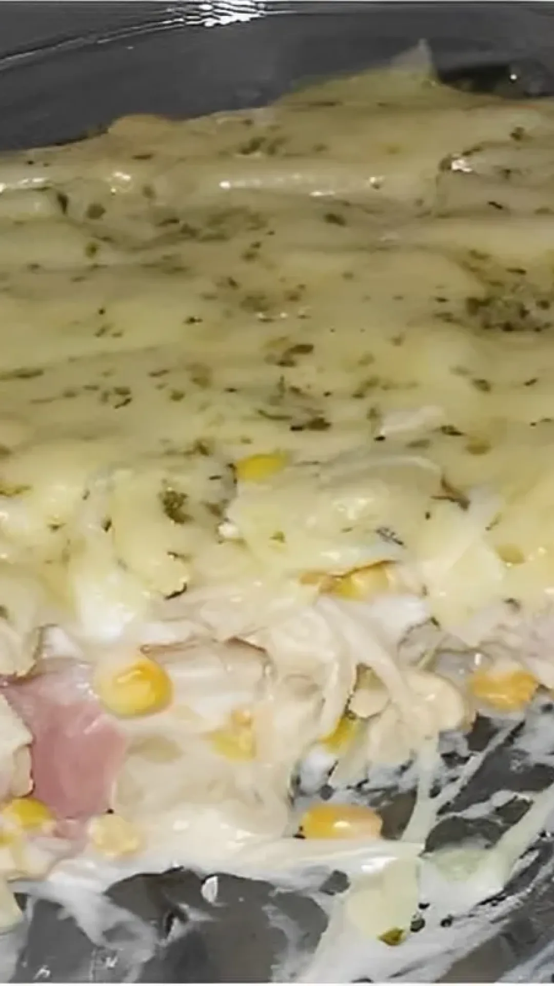 Macarrão ao molho branco com presunto e queijo gratinado no forno