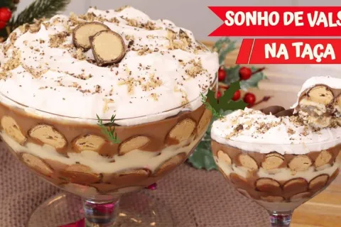 Taça de sonho de valsa com camadas de creme e bombom picadin