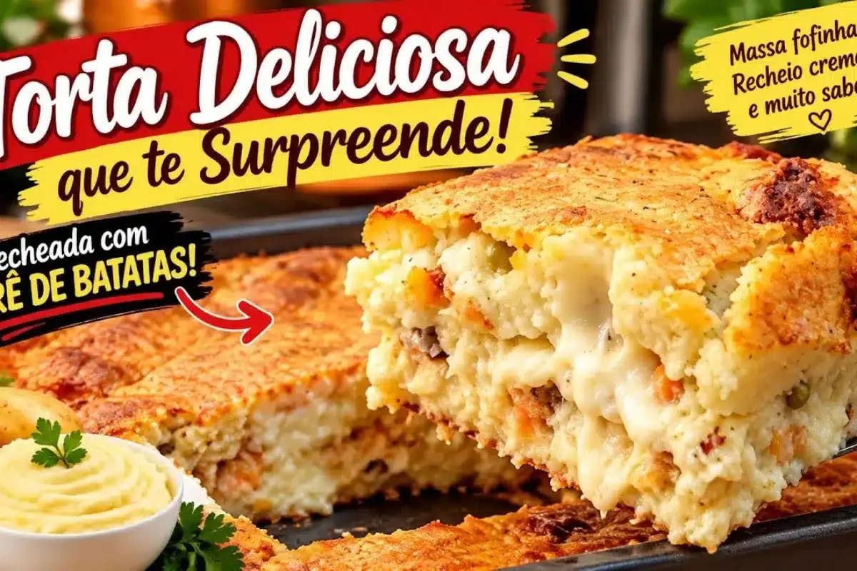 Torta com recheio de purê de batatas super cremosa, bem temp