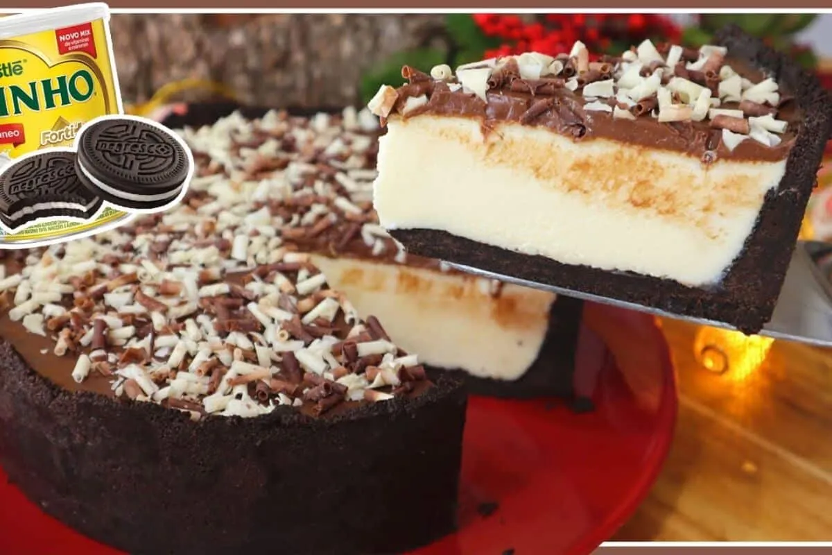 Torta de ninho com negresco na travessa, sobremesa fácil e i