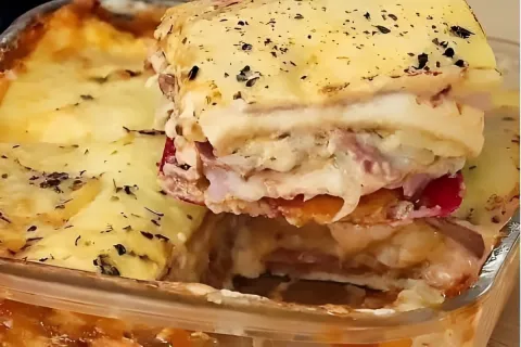 Torta de pão de forma assada com presunto e queijo deliciosa