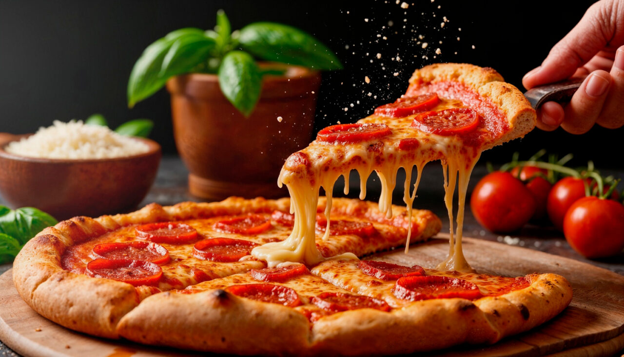 Pizza de mussarela com massa caseira e sabor de pizzaria