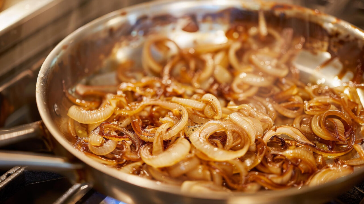 Cebola caramelizada com açúcar como a da casa da vó nos almoços de domingo