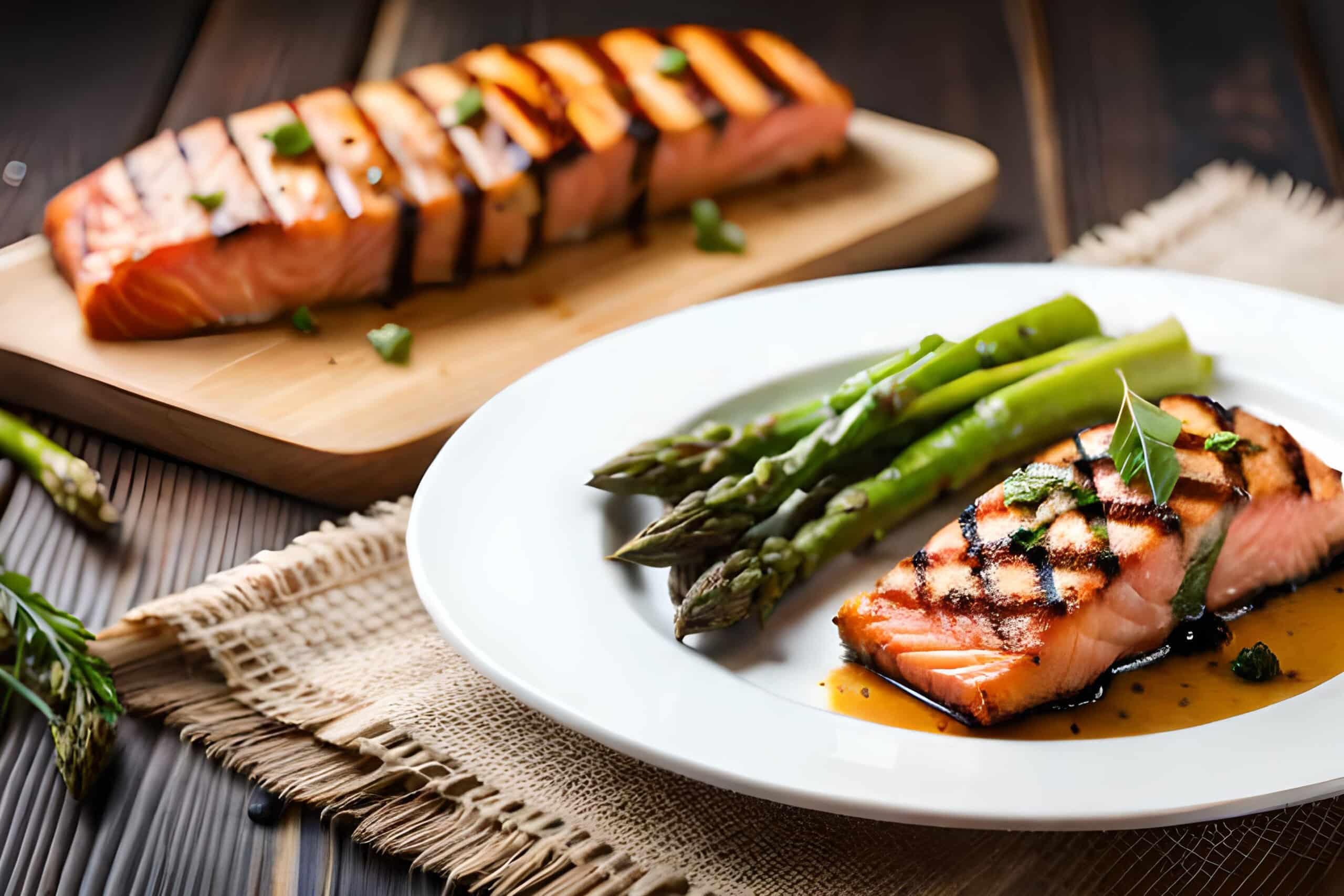 Salmão Grelhado com Aspargos e Batata Doce Assada